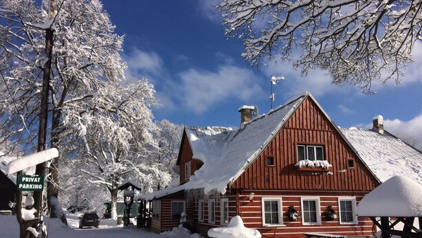 Eine Holzhütte mit geneigtem Dach, umgeben von schneebedeckten Bäumen und blauem Himmel.