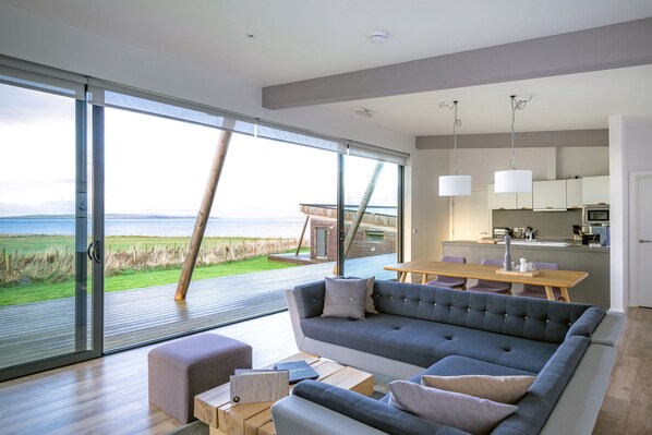 Flat-screen TV, fireplace, video game console, DVD player