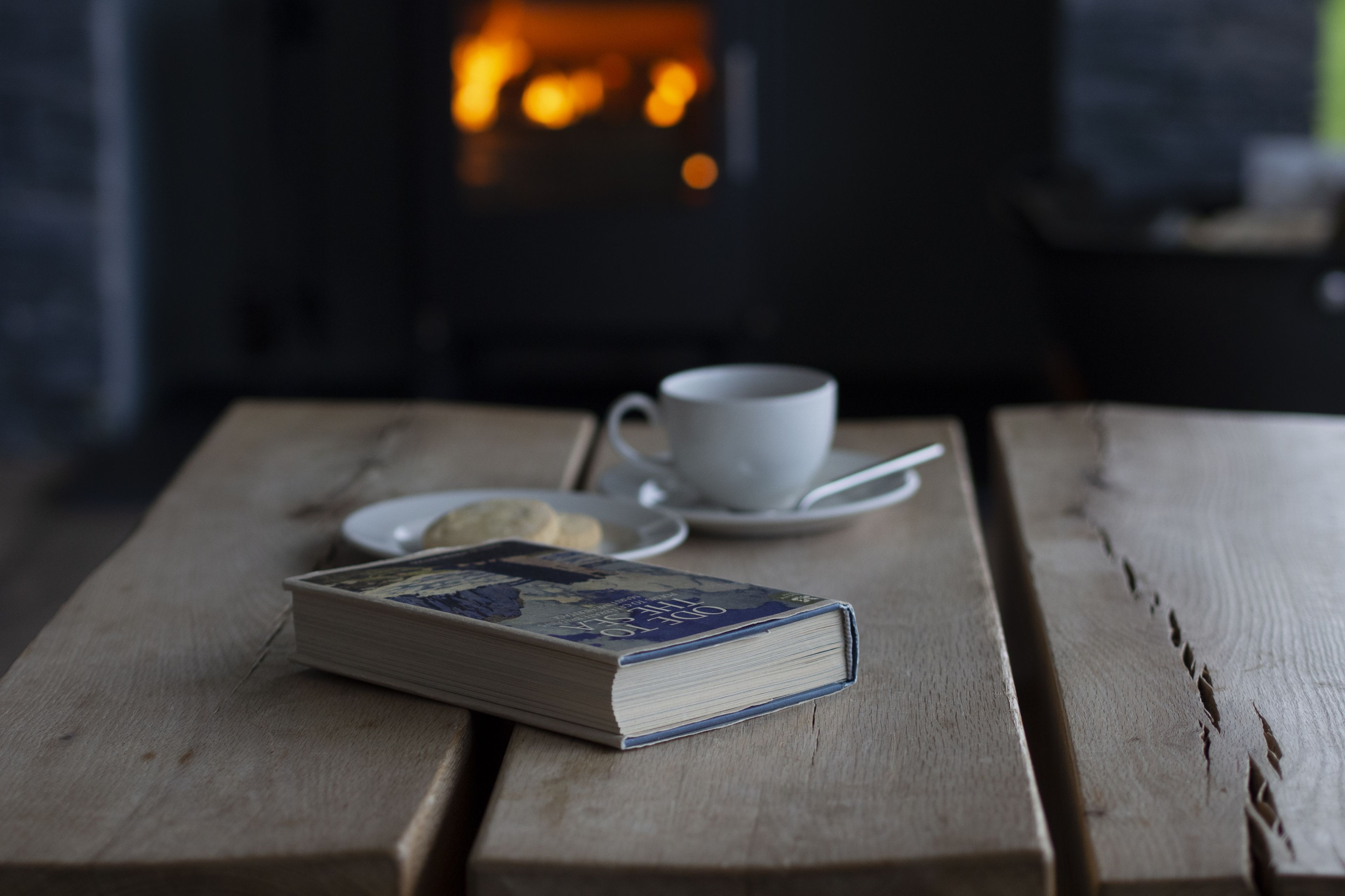 A wooden table with a book, a cup, and a plate with a biscuit.