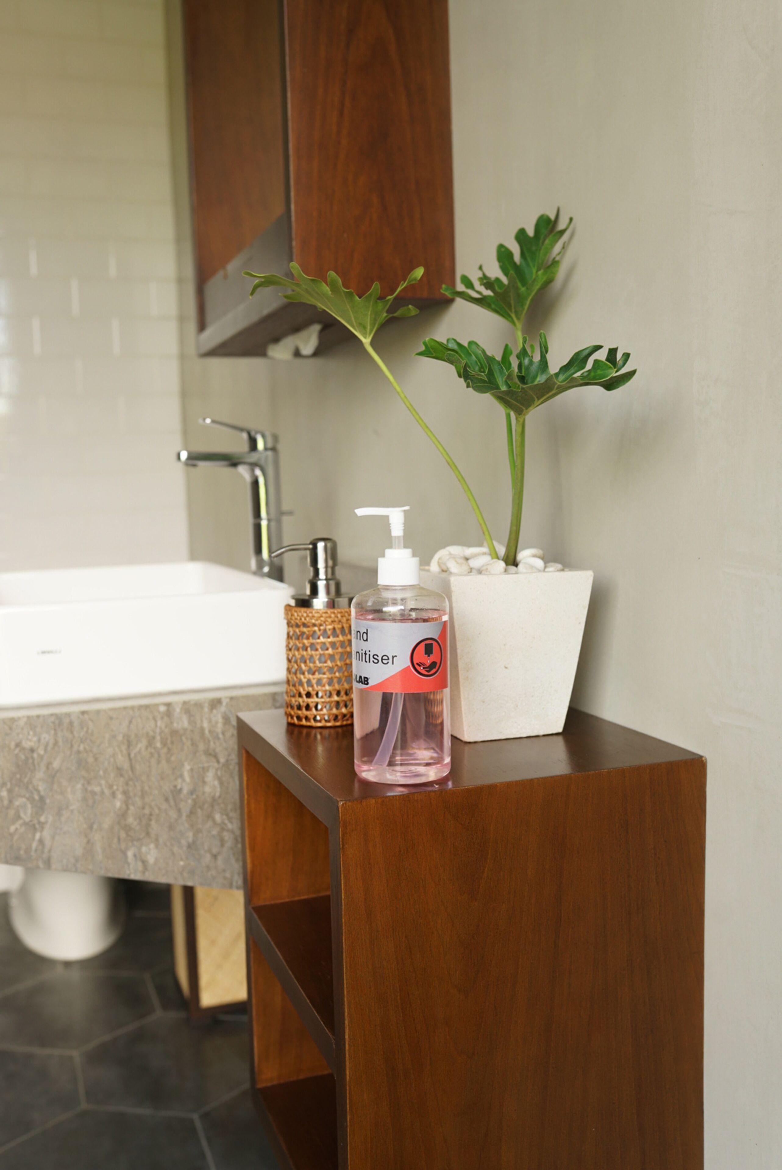A bathroom vanity with a white sink, a wooden cabinet, a potted plant, and a bottle of hand sanitizer.