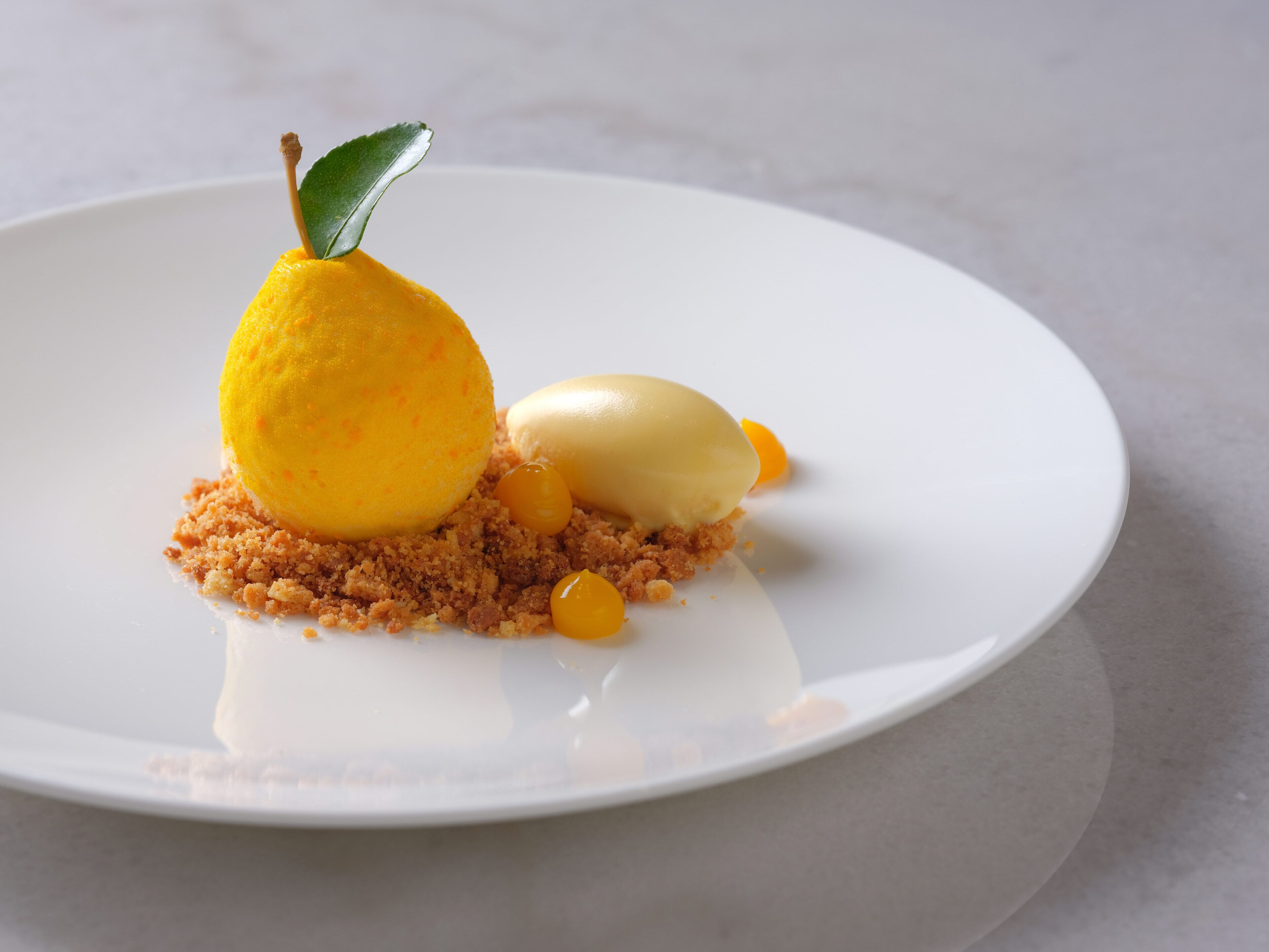 Un postre sobre un plato blanco, con una rodaja de limón y una pequeña decoración de hoja.