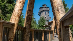 A wooden tower structure with a spiral staircase, surrounded by tall trees. - Parkhotel Bad Griesbach (Bad Griesbach im Rottal)