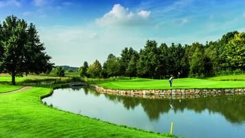 Golfers can enjoy a serene round amidst lush trees and a tranquil pond.