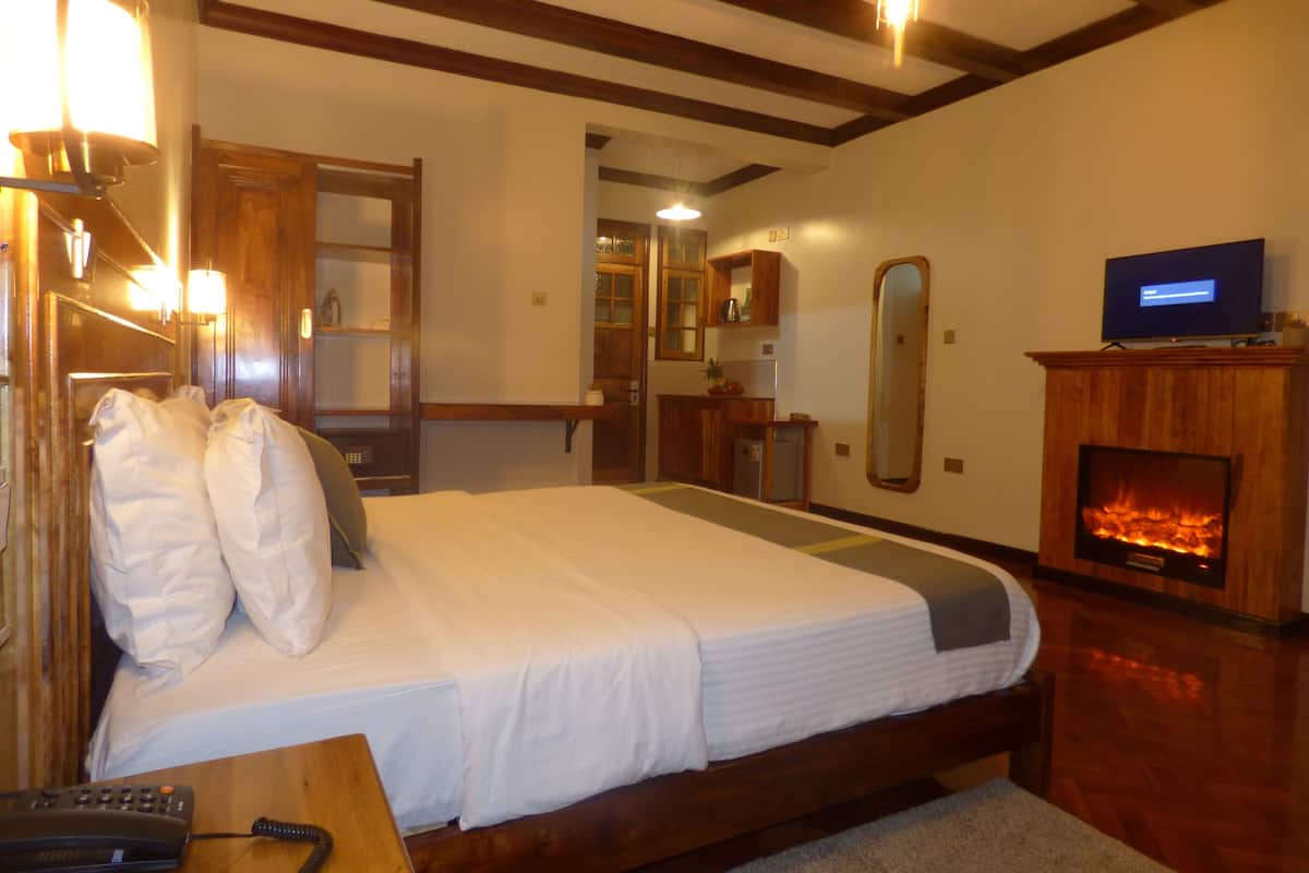 A hotel room with a bed, a TV, a fireplace, and a bathroom visible through an open door.