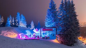 Een besneeerd landschap met een verlichte constructie met de tekst 'Village IGLOO' en een sneeuwscooter.