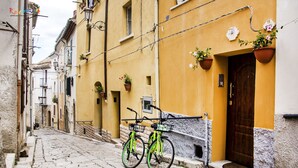 A narrow cobblestone street with a bicycle parked by a building with a wooden door and potted plants. - B&B Porta San Paolo (Campobasso)