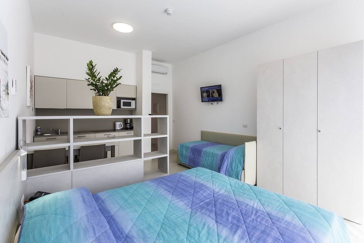 A bedroom with two beds, a kitchenette, a potted plant, and a TV.