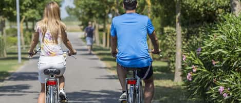 Dos personas andan en bicicleta por un camino pavimentado rodeado de vegetación.