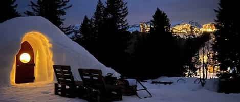 A snow igloo with a door and benches outside, surrounded by trees and a mountain in the background.