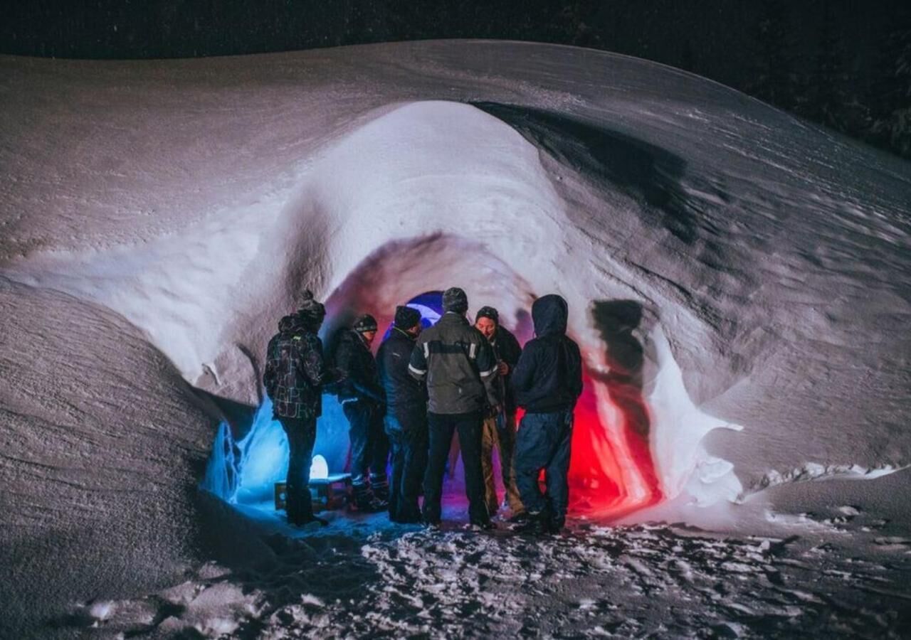 A group of people standing inside a cave-like structure with ice walls.