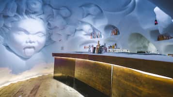 An ice bar with a wooden counter and shelves of bottles.