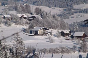 A snow-covered mountain area with several wooden cabins and houses.