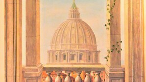 A classical building with a dome, viewed through an arched window with a balustrade below. - Hotel San Pietro (Rome)