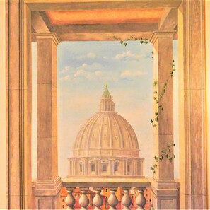 A classical building with a dome, viewed through an arched window with a balustrade below. - Hotel San Pietro (Rome)