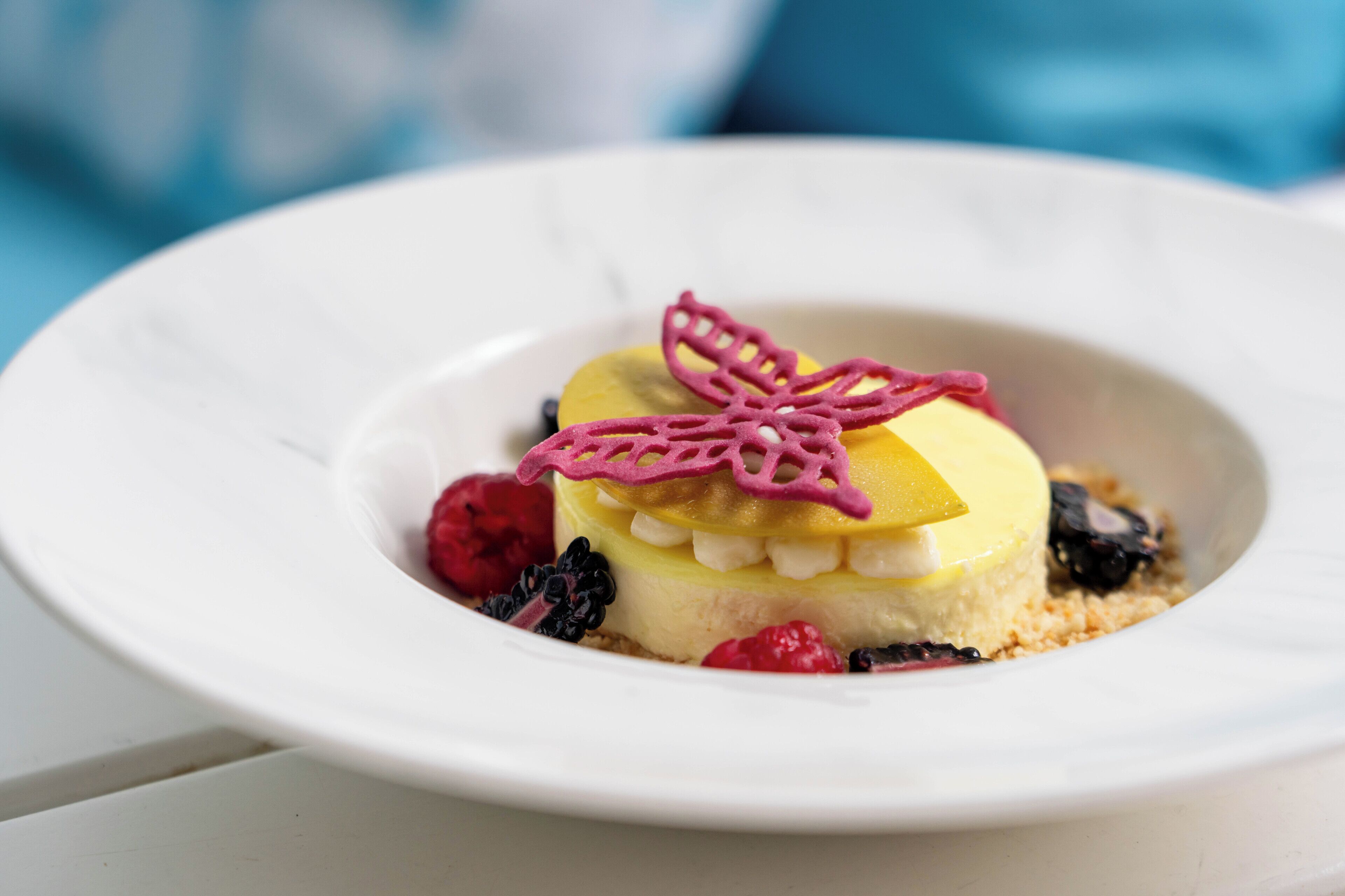 A dessert on a white plate with a blue background.