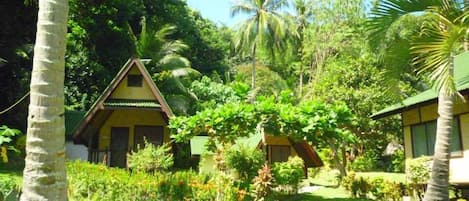 A tropical resort with two bungalow-style buildings surrounded by lush greenery and palm trees.