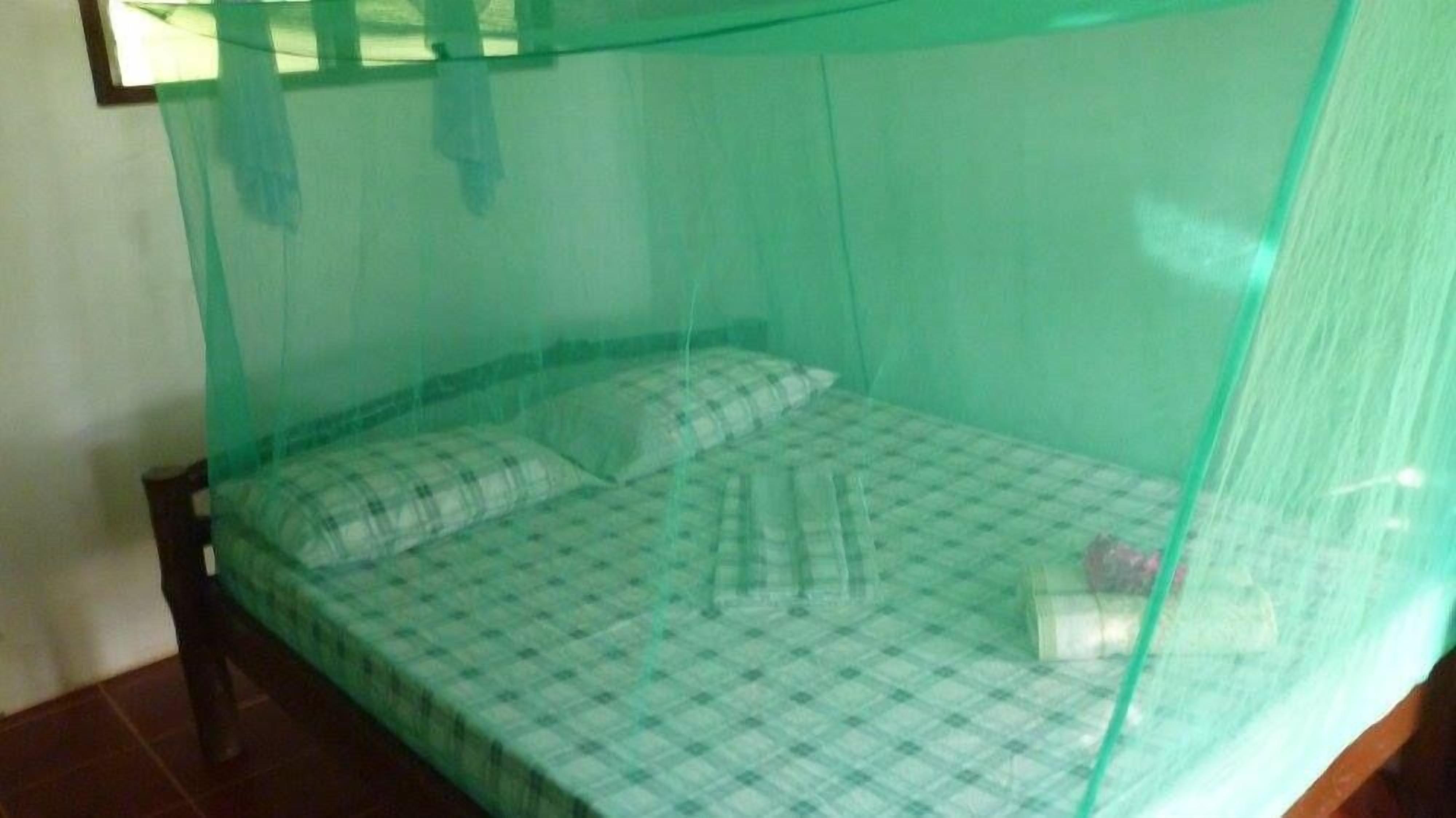 A single bed with a green mosquito net, a checkered bedspread, and two pillows.