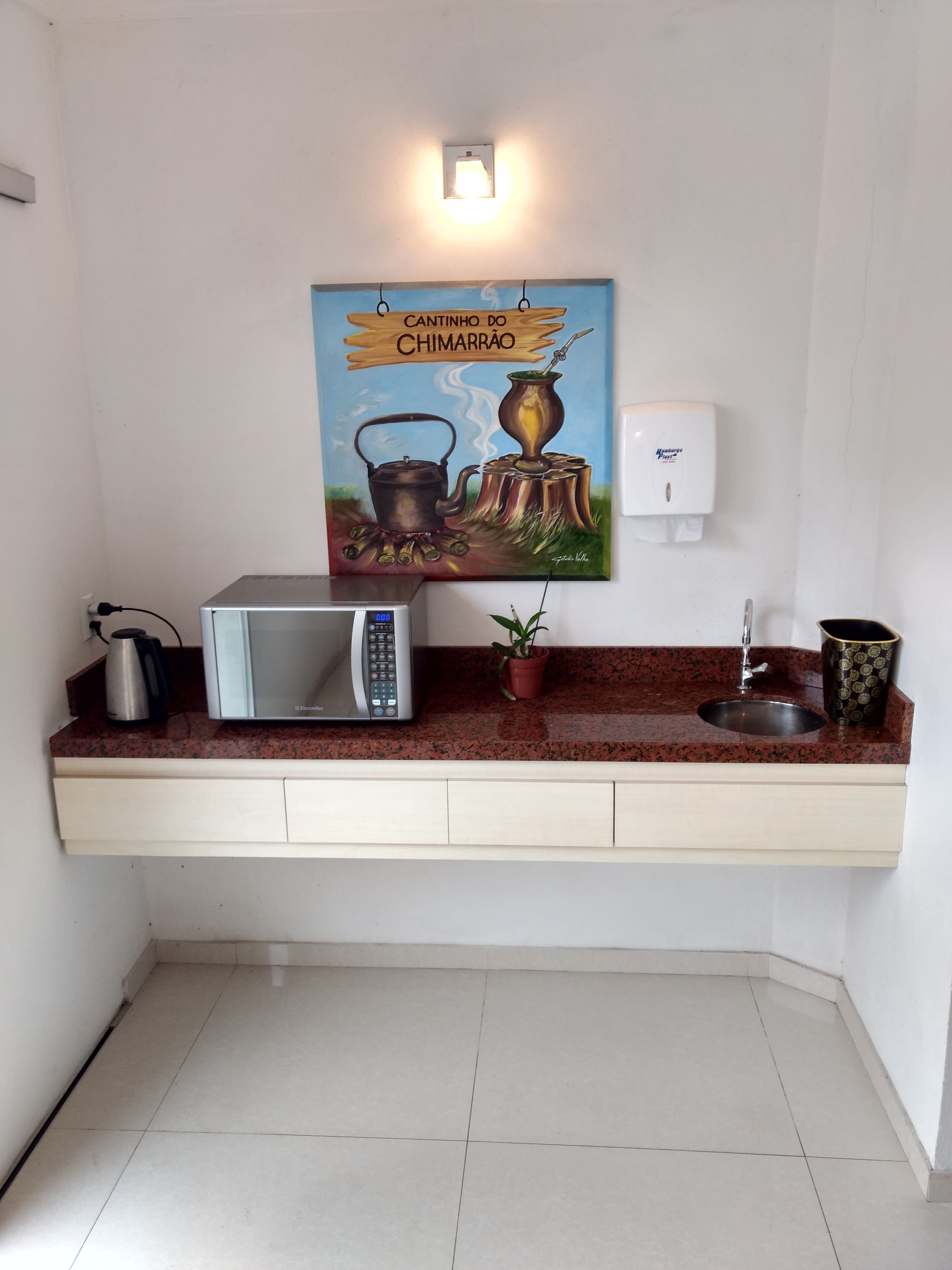 A kitchen with a microwave, a sink, a potted plant, and a painting of a chimarrão.