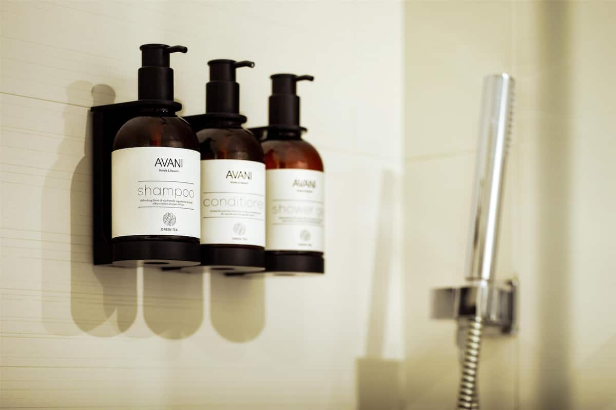 shower, eco-friendly toiletries, hair dryer, towels