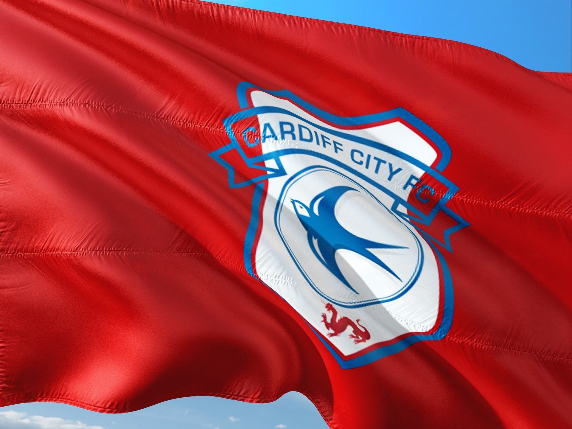 A flag with the Cardiff City FC emblem, featuring a blue bird and a red dragon.