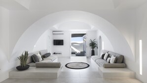 Un salon moderne et minimaliste, doté d’un plafond voûté, de deux canapés avec des coussins, d’un tapis rond et d’une plante en pot.