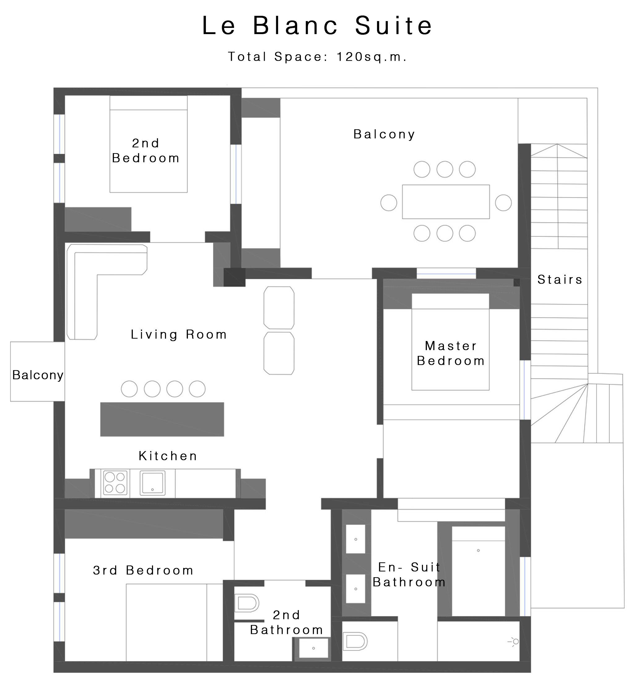 Voici le plan d’étage de la suite Le Blanc, qui offre une superficie totale de 120 m². Elle comprend une deuxième chambre, une chambre principale, un salon, une cuisine, une troisième chambre, une deuxième salle de bain, une salle de bain attenante et un balcon.