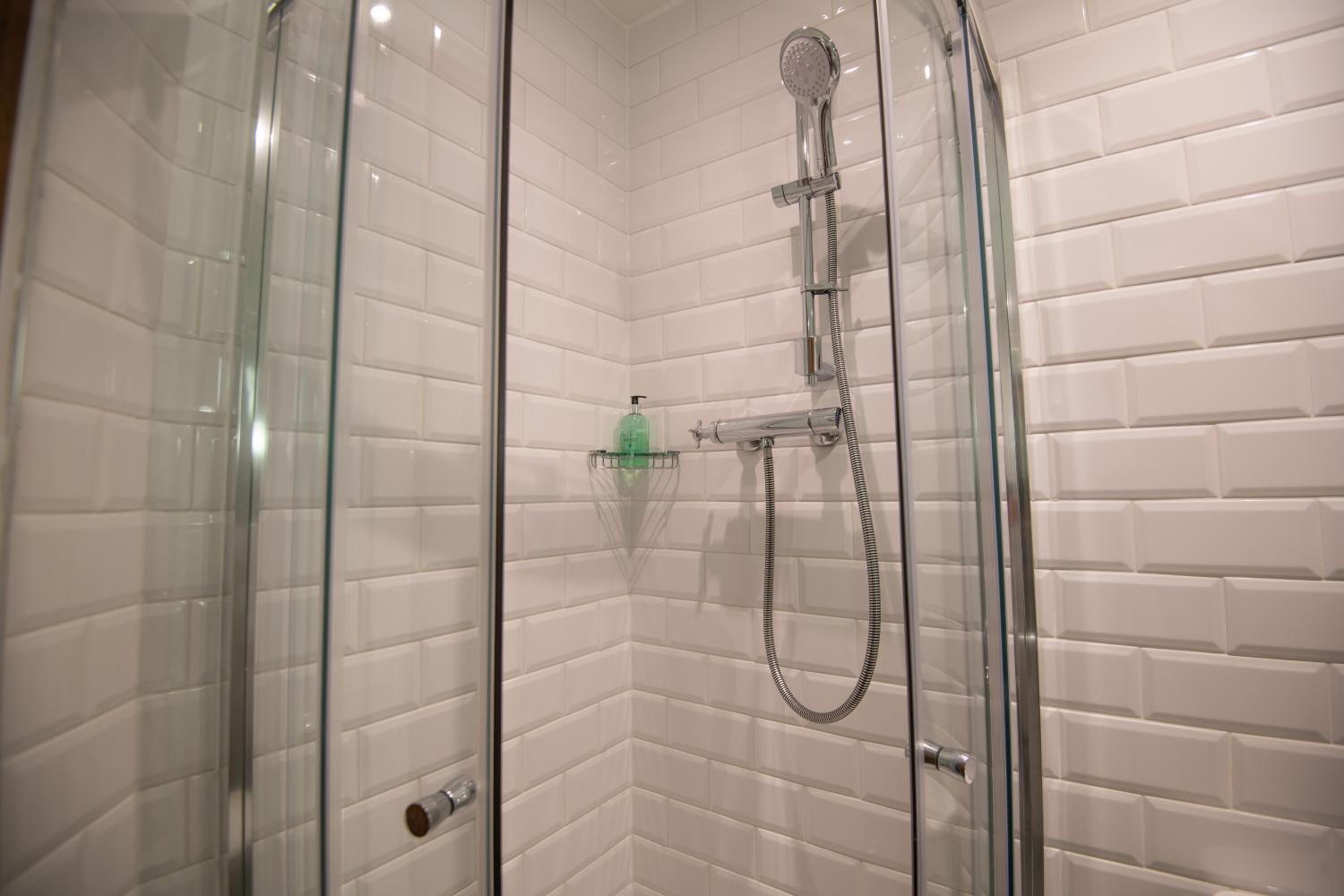 A glass-enclosed shower with a handheld showerhead and a handheld hose.