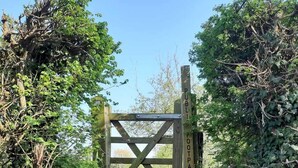A wooden footpath leading through a gate into a grassy area. - Orchard Farm Luxury Glamping (Glastonbury)