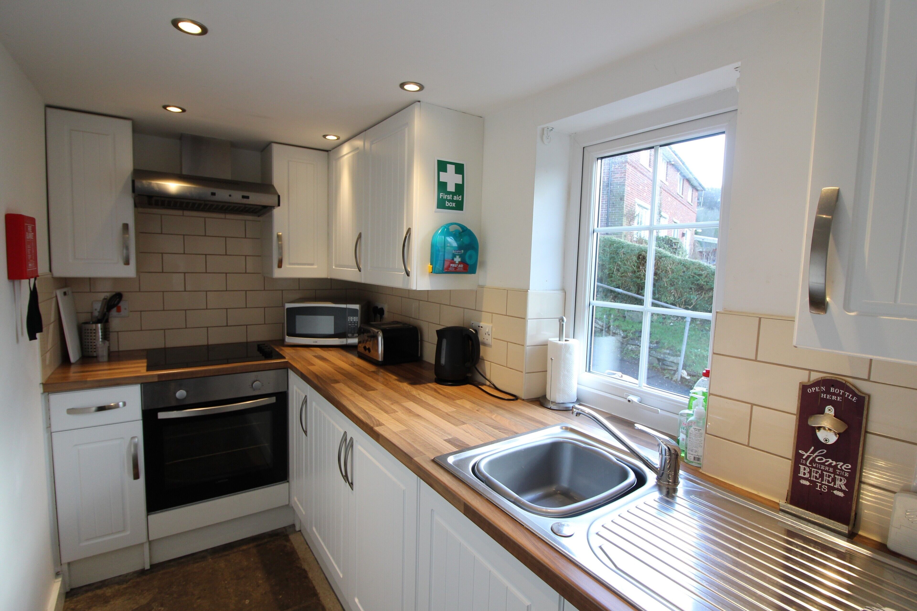 Fridge, microwave, electric kettle, toaster