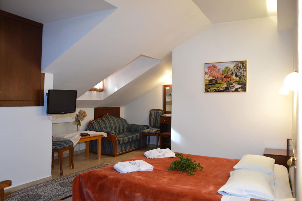 Une chambre à coucher avec un lit, un bureau, une chaise et un téléviseur.