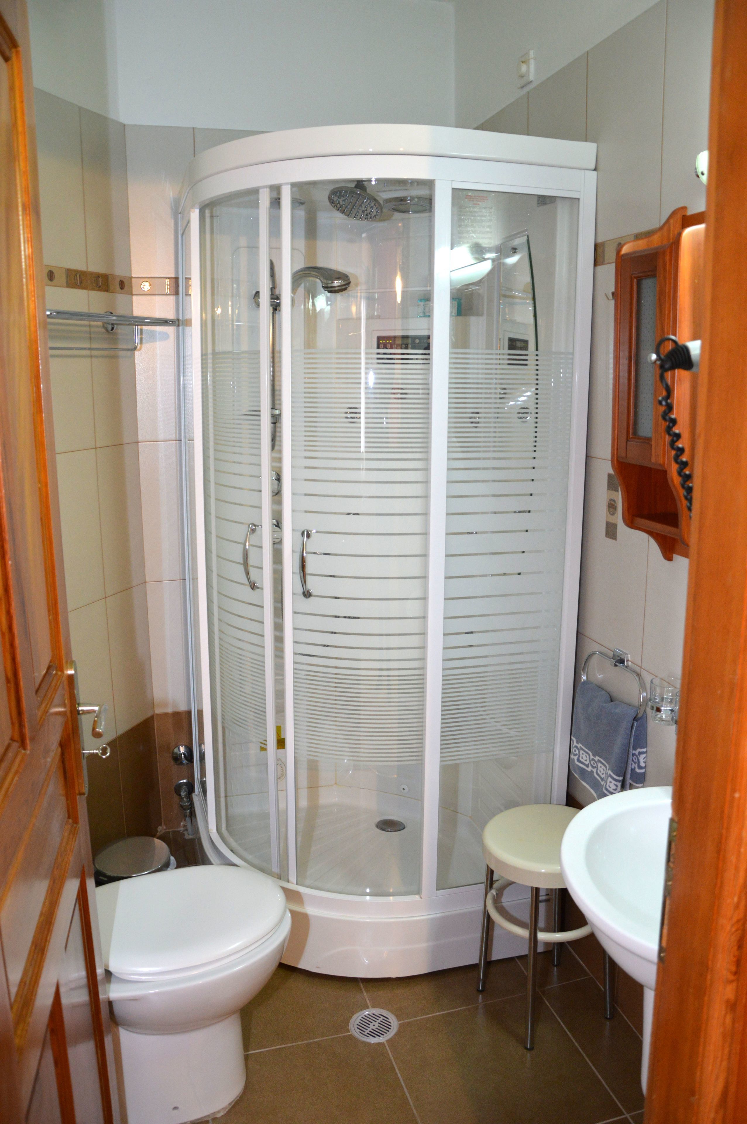 A corner shower enclosure with a glass door, a toilet, and a sink.
