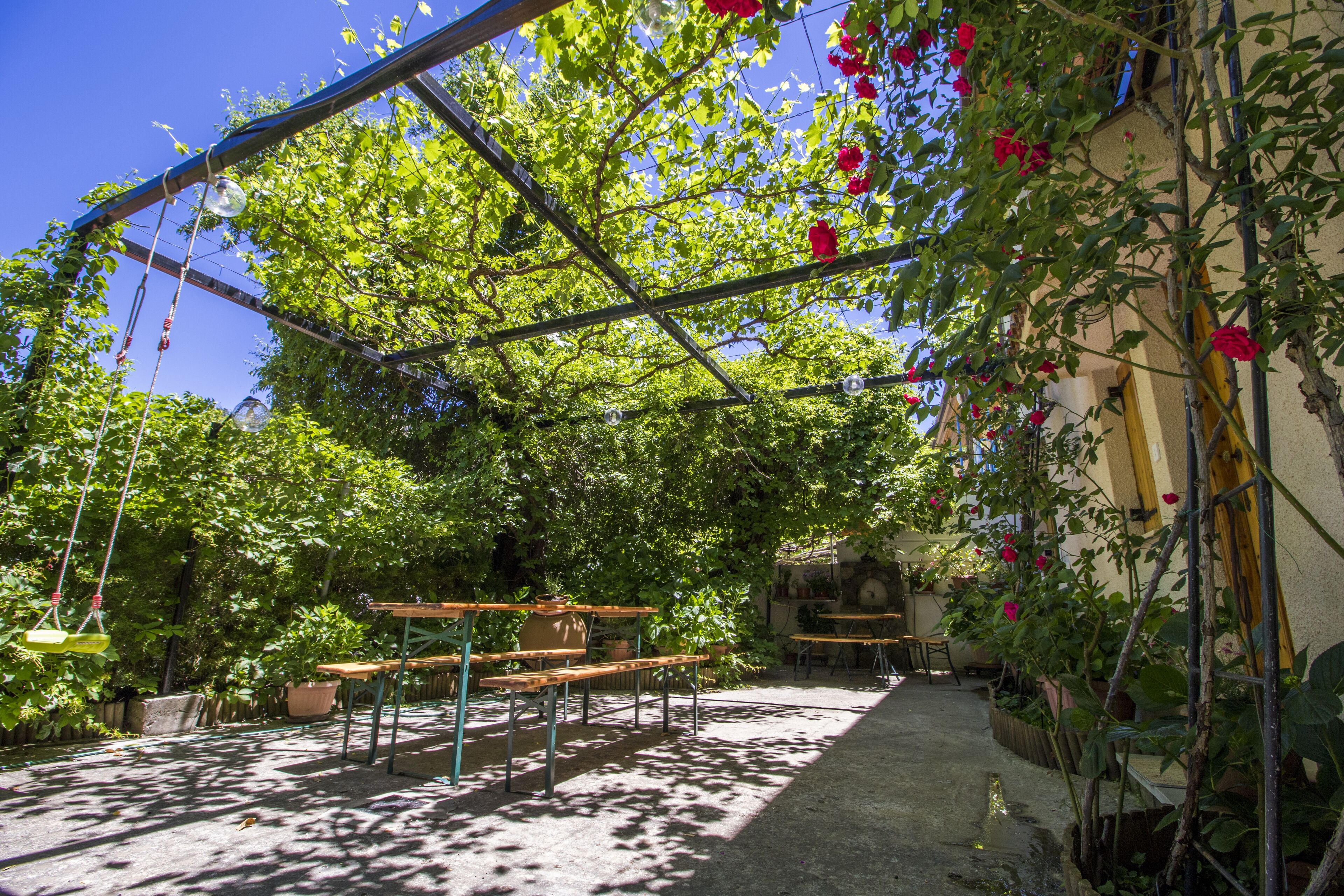 An outdoor patio with tables and chairs, surrounded by lush greenery and flowering plants.
