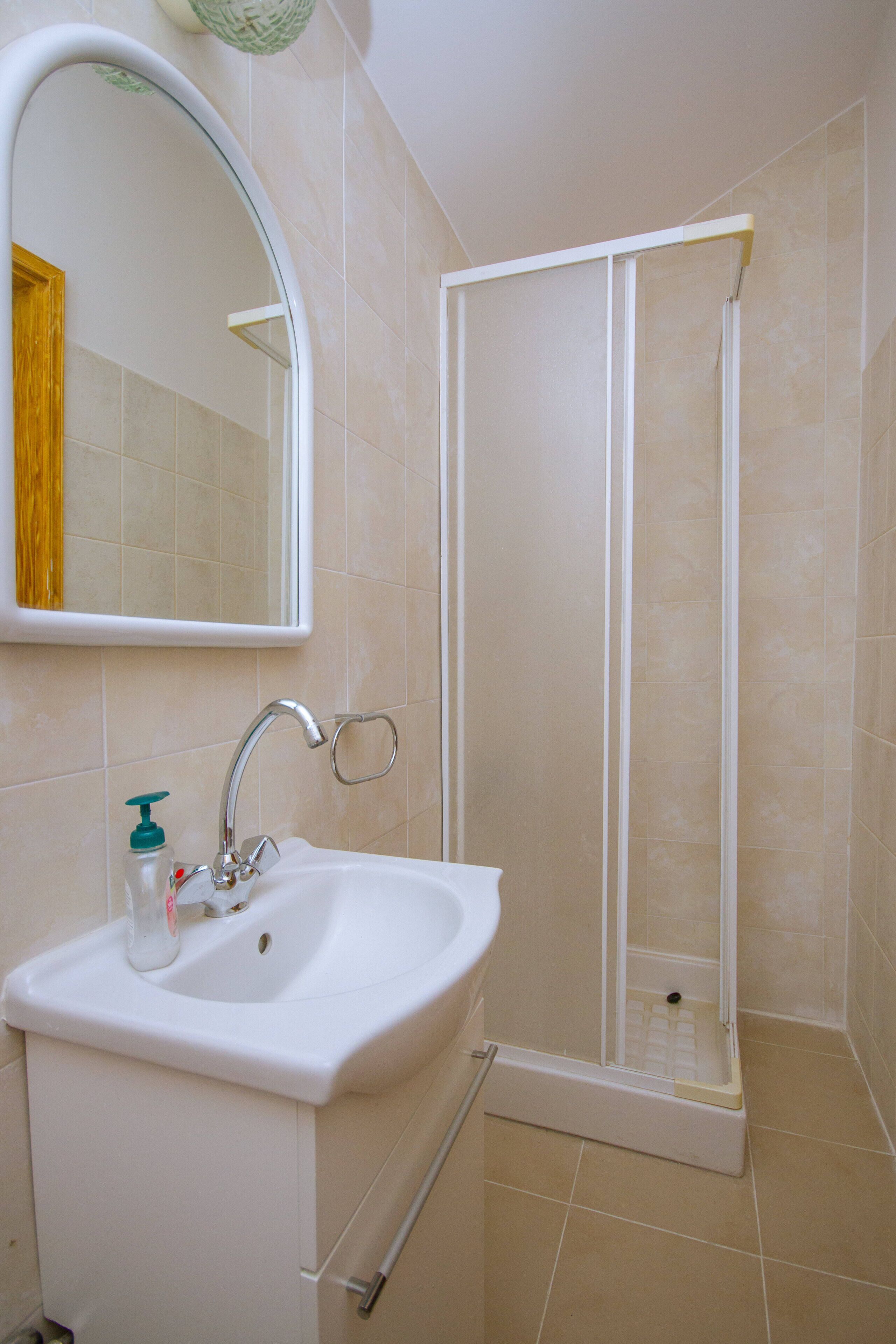 A bathroom with a white sink, a mirror, and a shower enclosure.