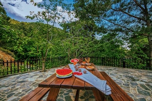 Una mesa de picnic sobre un área empedrada de piedra, con un banco de madera, rodeada de vegetación exuberante y una cerca de metal.