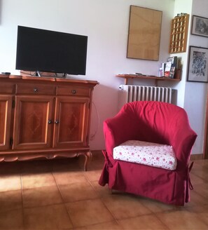 Téléviseur, lecteur de DVD, table de baby-foot, livres