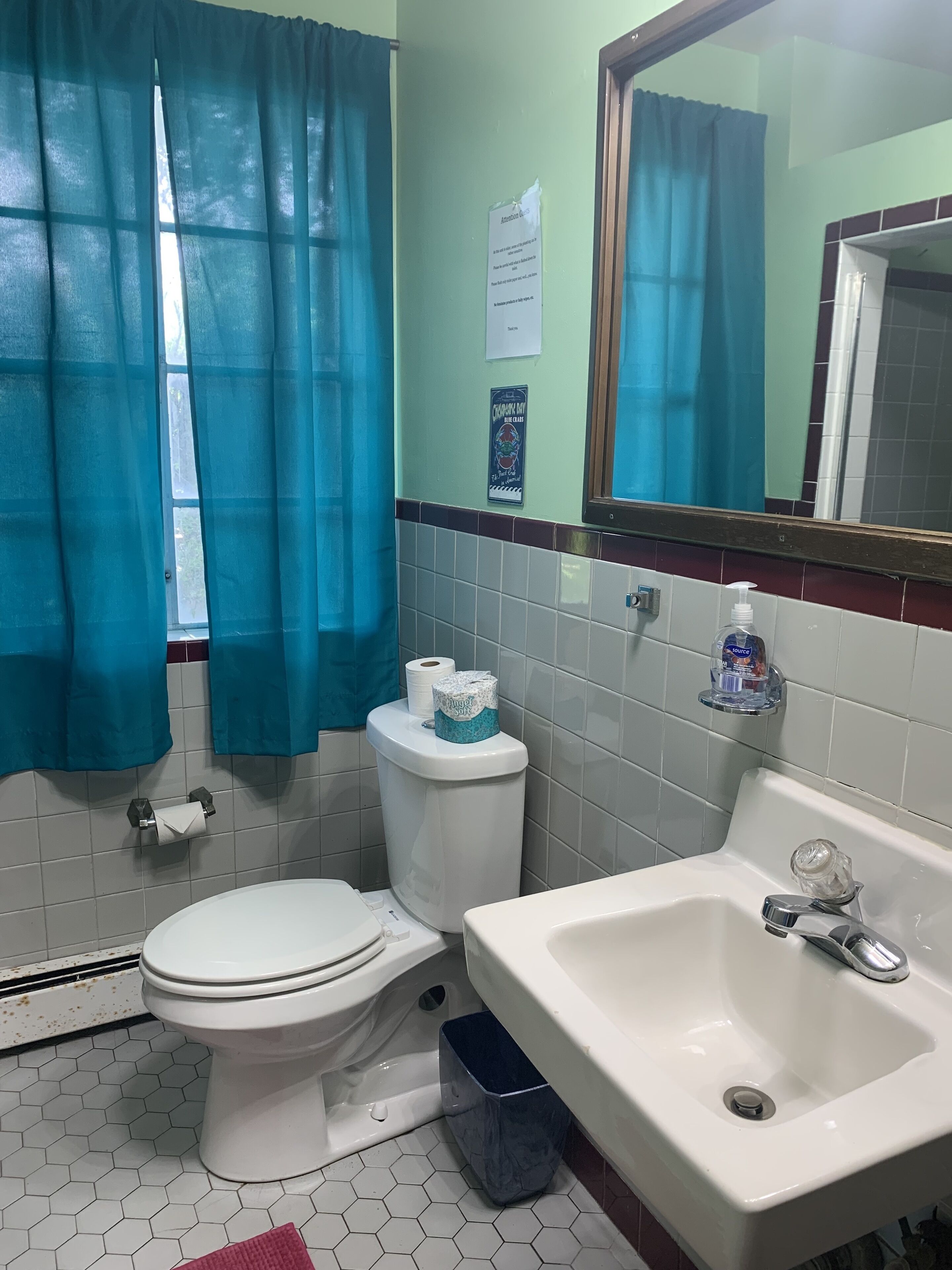 A bathroom with a toilet, sink, and blue curtains.