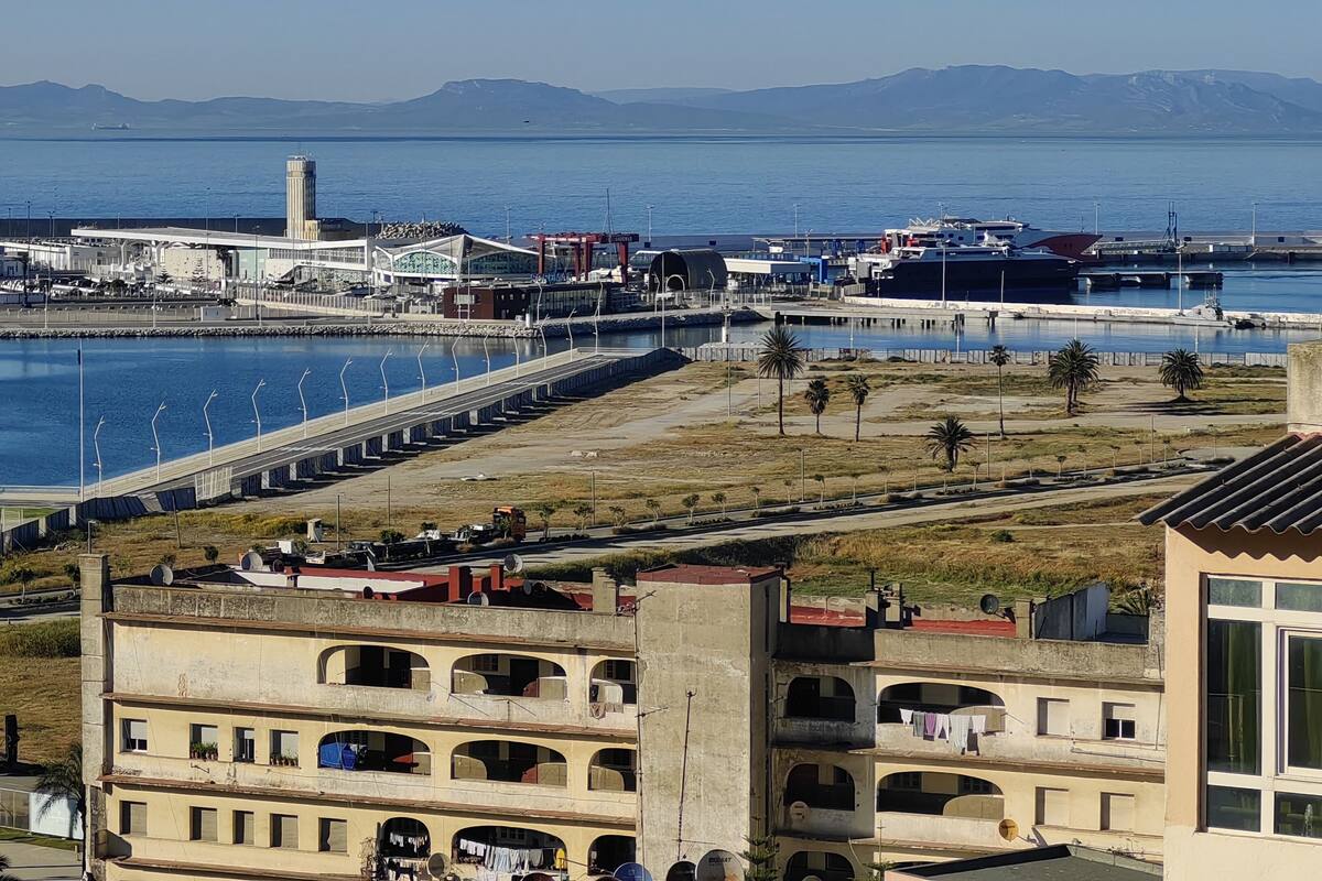 A coastal industrial area with a large port, including cranes and ships, and a bridge leading to a peninsula with residential buildings.