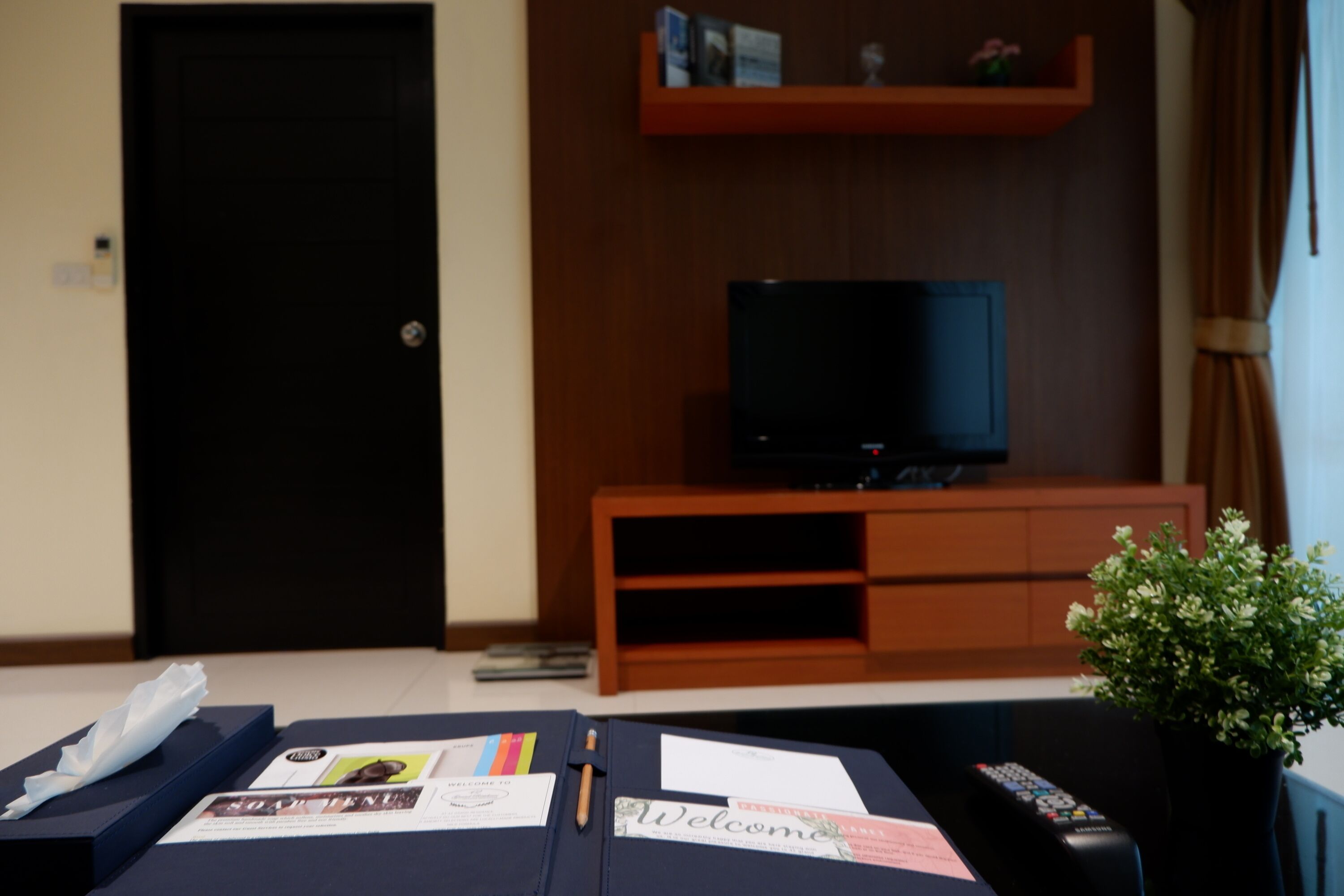 one bedroom suite with pool view | television