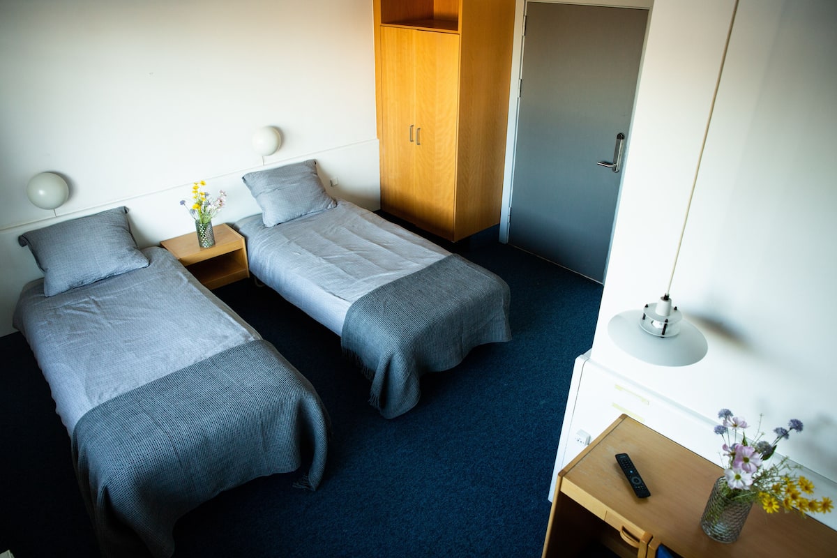 A room with two single beds, a wooden wardrobe, a desk with a lamp, and a vase with flowers.