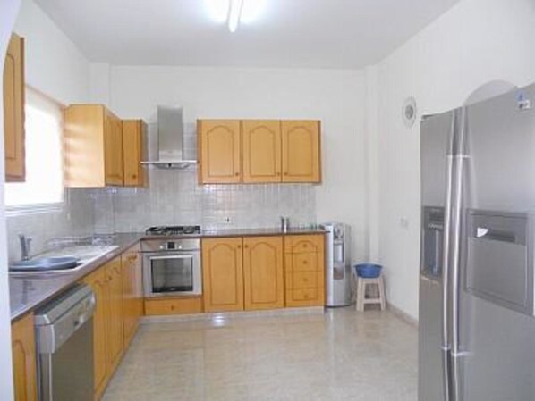 A compact kitchen with wooden cabinets, a stainless steel refrigerator, and a dishwasher.