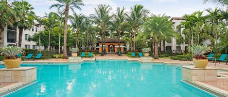 Seasonal outdoor pool, pool umbrellas, pool loungers