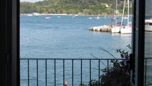 A view of a marina with boats docked and a sailboat in the distance. - La Calata (Portovenere)