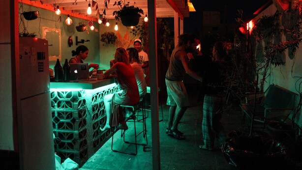 Zona de bar con taburetes y mostrador, rodeada de plantas colgantes y guirnaldas luminosas.