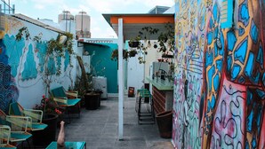Un patio al aire libre con murales coloridos, plantas en macetas y mobiliario exterior.