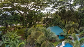 A tropical resort with a swimming pool, palm trees, and a small building. - Beachfront Villa Seabreeze with AC & Pool (Puerto Viejo)