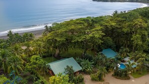 A tropical resort with a beach view, lush greenery, and a swimming pool.