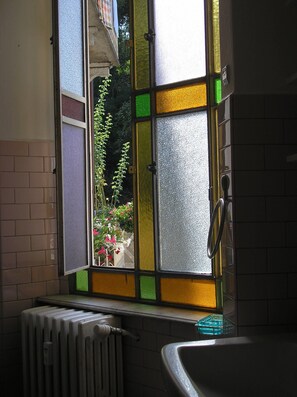 Combined shower/bathtub, hair dryer, soap, shampoo