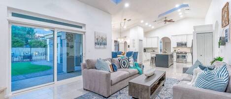 Smart TV, fireplace, books