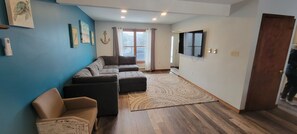 Smart TV, fireplace, table football, music library