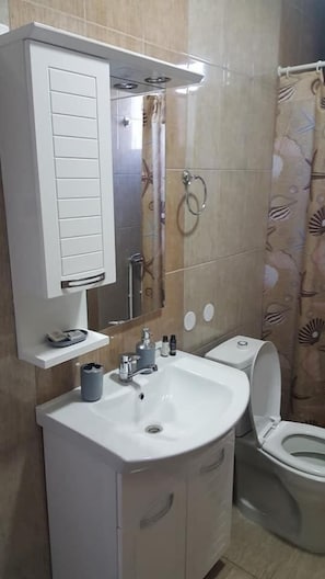 Habitación doble | Baño | Regadera, bidet, toallas, papel de baño 